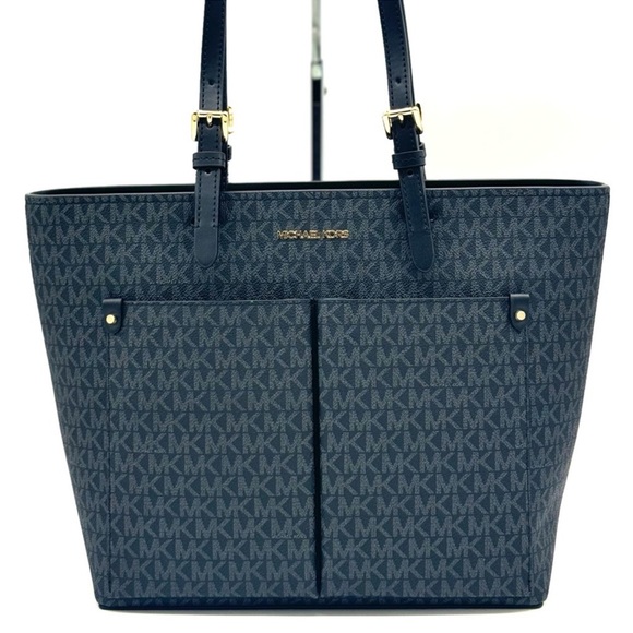 Michael Kors Jet Set Medium Pocket Tote Bag Black Signature - Picture 2 of 10